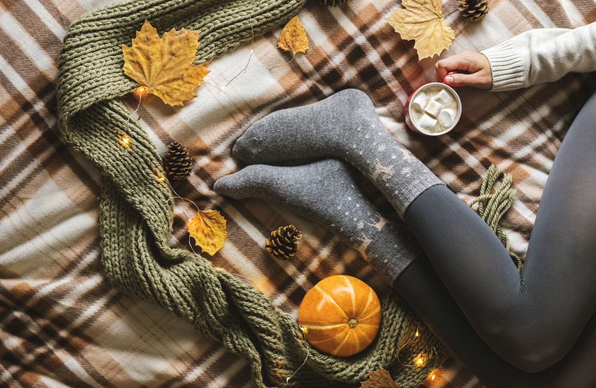 Autumn, Cosy Socks, Marshmallows, Blanket, Scarf, Fallen Leaves, Pumpkin